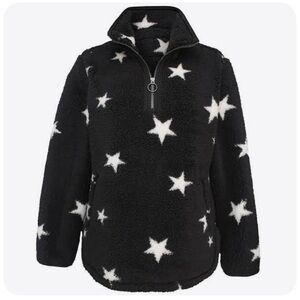COZY SHERPA Black & White Star Sherpa Faux Fur Pullover 1/4 Zip  Warm Jacket XL